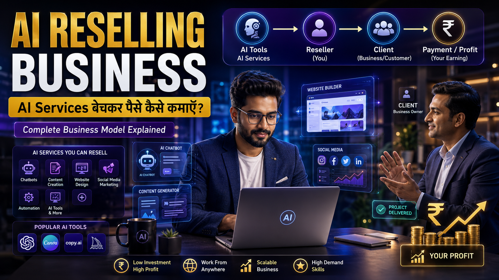 AI reselling business model explained in Hindi - three connected nodes showing provider, brand relabel tag, and client connected to a rupee coin