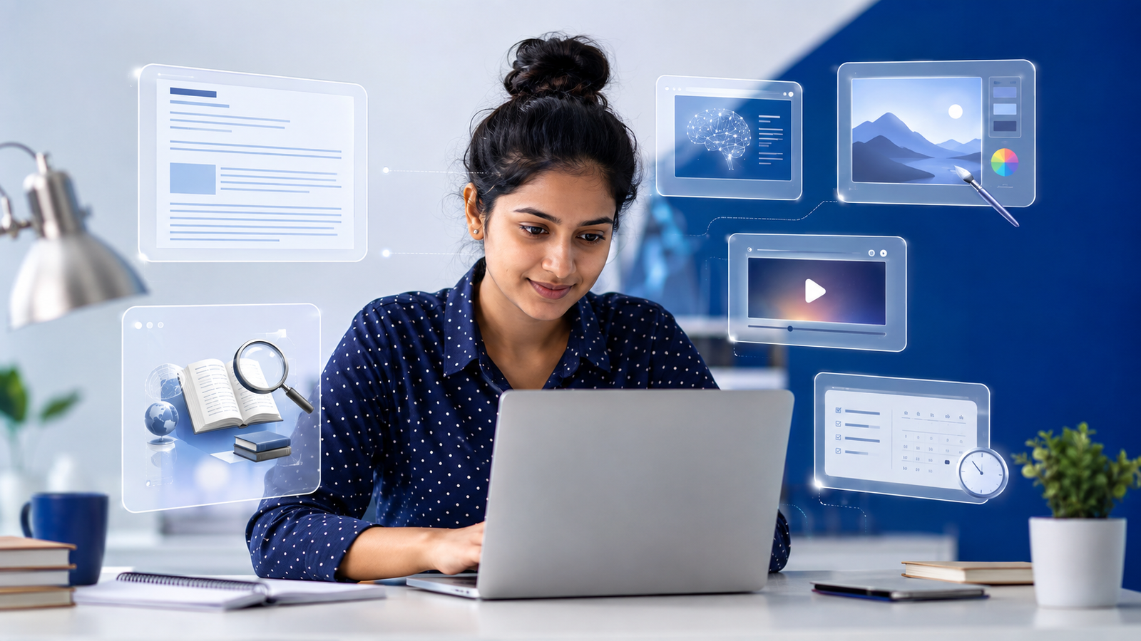 Indian beginner using AI tools on a laptop with a digital artificial intelligence interface