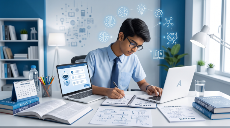 ChatGPT for Exam Preparation के लिए पढ़ाई करता Student