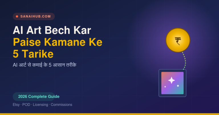 AI art bech kar paise kamane ke tarike - colorful AI-generated art canvas with sparkle connected to a rupee coin