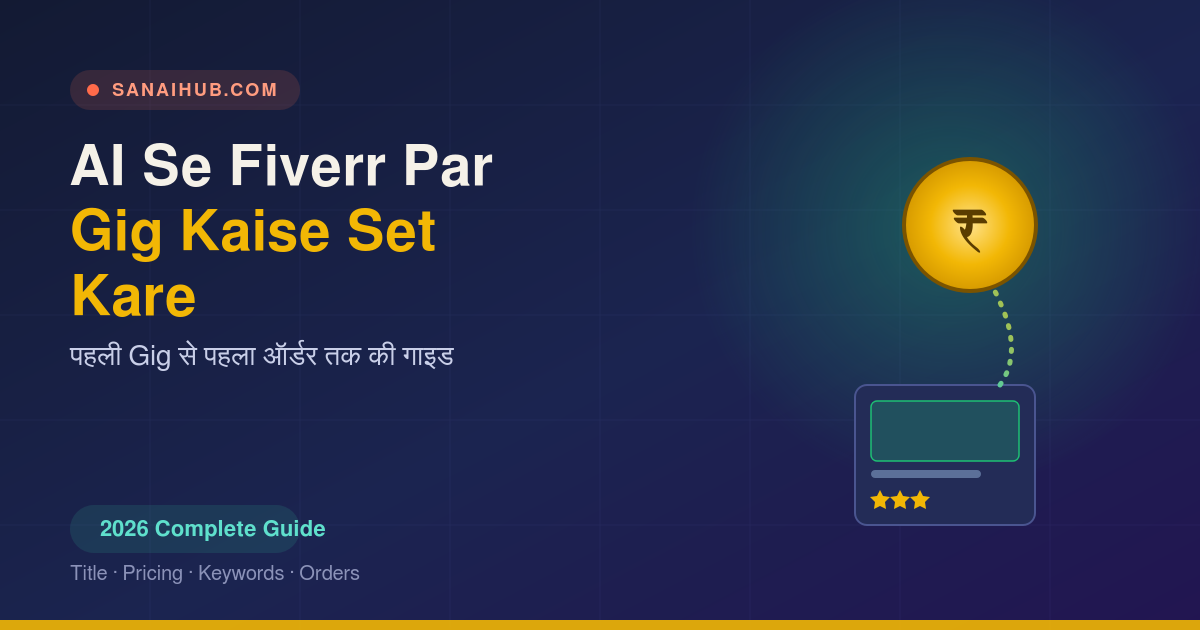 AI se Fiverr par gig kaise set kare - gig listing card with star rating connected to a rupee coin