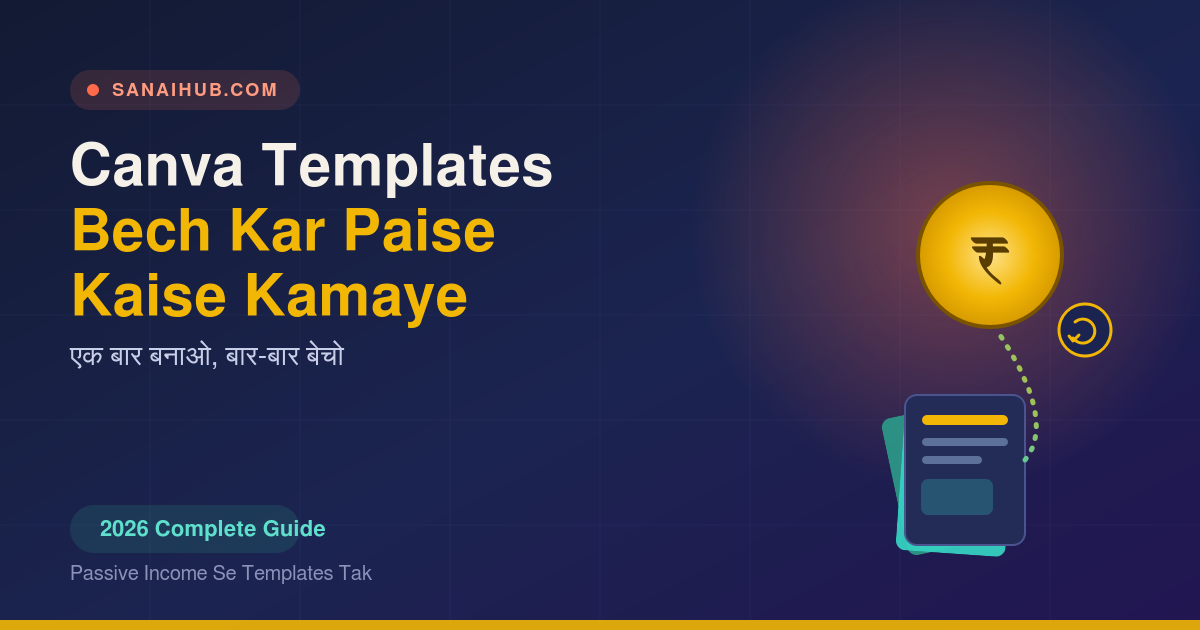 Canva templates bech kar paise kaise kamaye - fanned design template cards connected to a rupee coin with a repeat-sale cycle icon