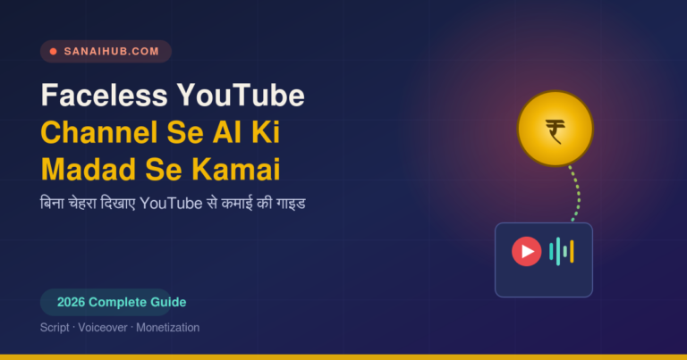 Faceless YouTube channel se AI ki madad se kamai - video play button with AI voiceover waveform connected to a rupee coin